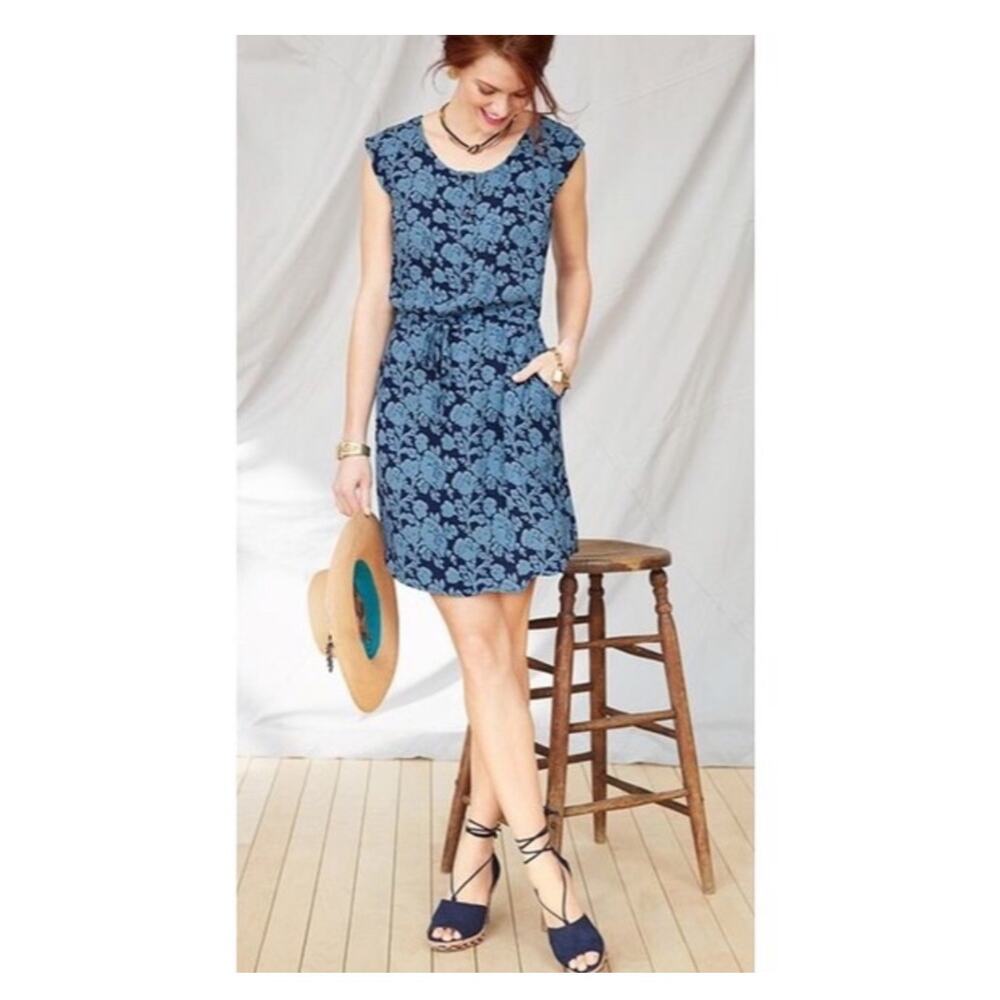 Cabi Java Blue Floral Tie Waist Cap Sleeve Button front Lightweight Dress 5265 S